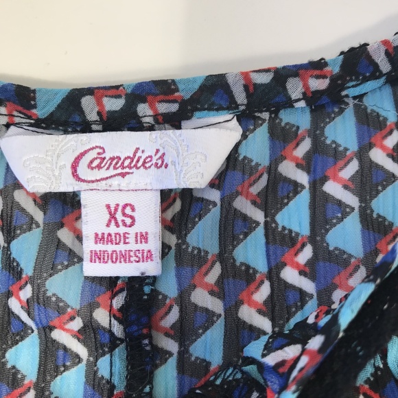 Candies Womens Top Sheer Short Sleeves Blue Print - Picture 5 of 5